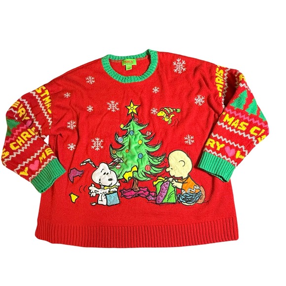 Peanuts Sweaters - Peanuts Charlie Brown Snoopy Ugly Christmas Sweater Red Metallic Knit 2X